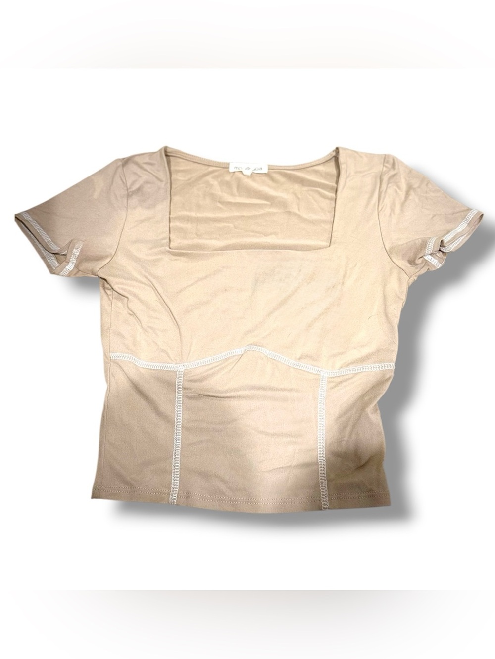 Moa Moa Beige Square Neck Contrast Stitch Top XS